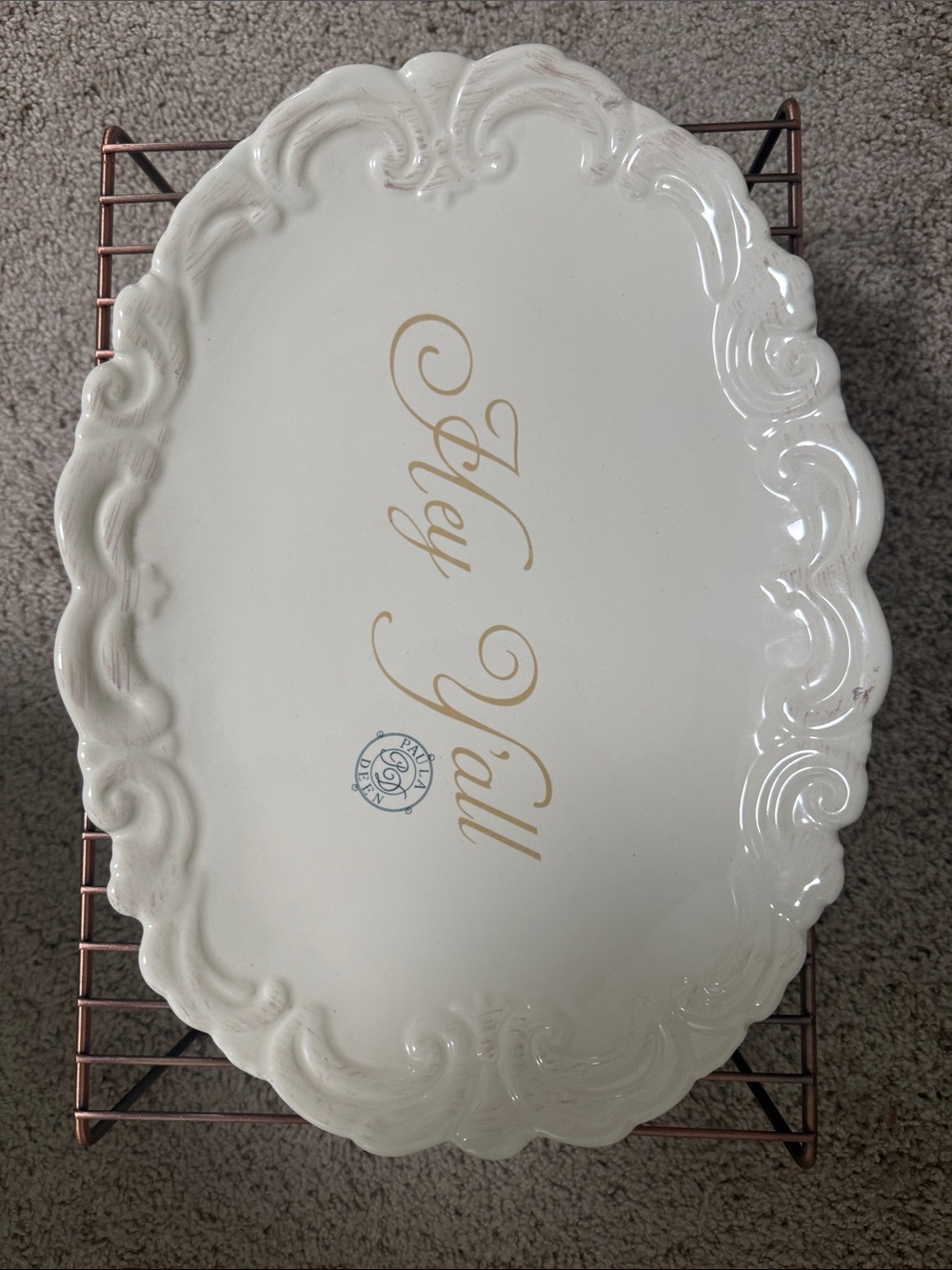 Hey Y'all White Ceramic Serving Platter with Gold Script by Paula Deen